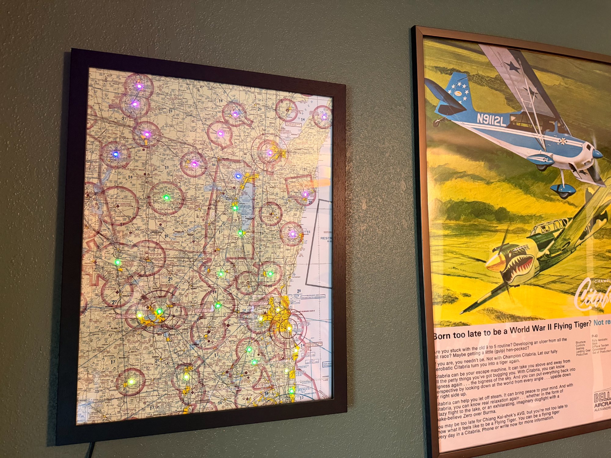 Southeastern Wisconsin sectional map with live LED weather dots illuminated on a wall